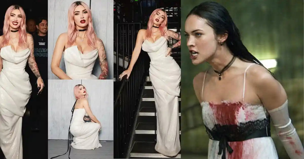 Megan Fox rocks a white gown and a black choker inspired by her cult classic ‘Jennifer’s Body’