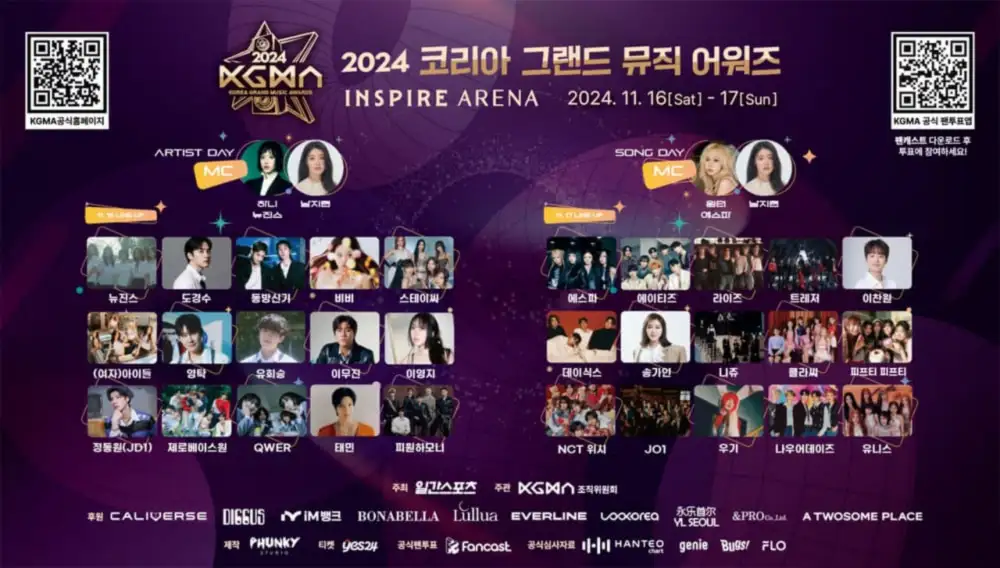 ## 2024 Korea Grand Music Awards: Lineup and Event Details Unveiled

The inaugural **Korea Grand Music Awards (KGMA)**, organized by **Ilgan Sports**, is set to become a significant event on the K-Pop calendar, with a diverse lineup of performances celebrating the genre's top talents. This two-day festival will take place at **Inspire Arena in Incheon** on **November 16 and 17**.

## Event Highlights and "Next Generation" Artists Announcement

On **November 11**, the KGMA organizing committee will reveal two "Next Generation" artists who will be joining the current lineup. These artists, part of the MZ generation, are expected to represent the future of K-Pop. This addition is already generating excitement as fans anticipate fresh talent among established stars.

## Day 1: "Artist Day" Performances

The first day, themed as **"Artist Day,"** will feature **NewJeans' Hanni** and **actress Nam Ji Hyun** as hosts. The lineup includes some of K-Pop's most popular acts, each representing diverse styles within the industry. Performers for "Artist Day" include:

> - **NewJeans**
> - **EXO's D.O.**
> - **TVXQ**
> - **BIBI**
> - **STAYC**
> - **(G)I-DLE**
> - **Youngtak**
> - **Yoo Hwe Seung**
> - **Lee Mu Jin**
> - **Lee Young Ji**
> - **Jung Dong Won (JD1)**
> - **ZEROBASEONE**
> - **QWER**
> - **SHINee's Taemin**
> - **P1Harmony**

## Day 2: "Song Day" Performances

The second day, **"Song Day,"** will bring another impressive lineup, with **aespa's Winter** joining **Nam Ji Hyun** as host. The artists set to perform on "Song Day" include:

> - **NOWADAYS**
> - **NiziU**
> - **DAY6**
> - **RIIZE**
> - **Song Ga In**
> - **aespa**
> - **ATEEZ**
> - **NCT WISH**
> - **Yuqi**
> - **UNIS**
> - **Lee Chan Won**
> - **JO1**
> - **CLASS:y**
> - **TREASURE**
> - **FIFTY FIFTY**

## Broadcast and Streaming Details

For those unable to attend in person, the KGMA will be **broadcast on Channel ENA**, with streaming available on the **OTT platform Wavve** and globally on **KISWE's "Love & Kpop"** service, ensuring fans worldwide can enjoy the performances.

To know the latest developments about the 2024 Korea Grand Music Awards, Keep an eye on VvipTimes, and allow notifications from us to get instant updates on your device.