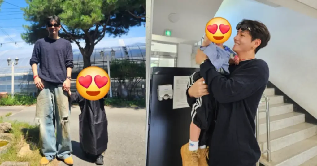 webp 55 In one photo, Taehyung is seen holding a child’s hand outdoors; in another, he smiles warmly while carrying the same child indoors.