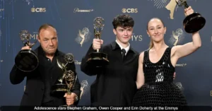Adolescence stars Stephen Graham, Owen Cooper and Erin Doherty at the Emmys.