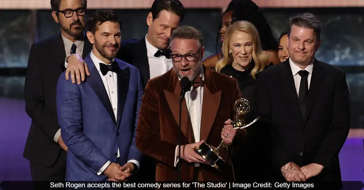 # Apple's The Studio Sets Emmy Record with 13 Wins Including Best Comedy Series Seth Rogen's Hollywood satire The Studio made Emmy awards history with a record breaking win streak. The Apple TV+ comedy series won 13 Emmy awards this year. This is the most wins for any comedy series in a single season. The show won four Primetime Emmy awards on Sunday night including the top prize for Outstanding Comedy Series. The Studio also broke the record for most wins by a first year comedy series. It had already received nine Creative Arts Emmy awards before Sunday's ceremony. The show earned 23 nominations which tied the record set by The Bear last year. This incredible success marks a major milestone for Apple's streaming service. ## Outstanding Comedy Series Victory The Studio won the Emmy for Outstanding Comedy Series at the 77th Primetime Emmy Awards. The show competed against strong contenders including Abbott Elementary, The Bear, and Hacks. This victory completed an extraordinary awards journey for the freshman series that premiered just six months ago. Seth Rogen accepted the award with his team of collaborators. He appeared genuinely surprised by the win despite the show's earlier successes during the evening. Rogen thanked everyone who watched and appreciated the show during his acceptance speech. > "Thank you. It's getting embarrassing. I really appreciate it," Rogen said at the beginning of his speech. "In all honesty — I'll do my best attempt at sincerity here — if you watched our show, if you appreciated our show, if you voted for our show especially, thank you very much." The win was particularly significant for co-creator Frida Perez. She became the first Latina ever to win the Outstanding Comedy Series award. The production team also included Evan Goldberg, Peter Huyck, and Alex Gregory. ## Seth Rogen Wins Best Actor Seth Rogen won the Emmy for Outstanding Lead Actor in a Comedy Series for his role as Matt Remick. He plays a newly appointed studio head struggling with corporate demands and creative ideals. This was Rogen's first Emmy award for acting though he has been nominated before for producing. Rogen defeated strong competition from Jeremy Allen White of The Bear and Martin Short from Only Murders in the Building. His win was part of The Studio's overall dominance in the comedy categories during the ceremony. Rogen personally contributed to multiple award wins throughout the night. The actor expressed genuine emotion about receiving the recognition. He acknowledged feeling somewhat embarrassed by how happy the award made him. Rogen also took time to thank the people he worked with on the series. > "I'm legitimately embarrassed by how happy this makes me," Rogen admitted during his acceptance speech. "To be standing up here with all these people, these are the best people I know. And to have them spend their days working with me is truly one of the great honors of my life." ## Writing and Directing Awards The creative team behind The Studio won awards for both writing and directing. Seth Rogen and Evan Goldberg won the Emmy for Outstanding Directing for a Comedy Series. They won for directing the episode titled "The Oner" which showcased their filmmaking skills. The writing team earned the Emmy for Outstanding Writing for a Comedy Series. The winning writers included Seth Rogen, Evan Goldberg, Peter Huyck, Alex Gregory, and Frida Perez. This recognition highlighted the sharp comedy and storytelling that defined the show's successful first season. These wins demonstrated the series excellence behind the camera as well as in front of it. The awards recognized the technical and creative craftsmanship that contributed to the show's critical success. The Studio beat tough competition from established favorites in both categories. ## Creative Arts Emmy Wins Before Sunday's Primetime ceremony, The Studio had already won nine Creative Arts Emmy awards. These awards recognized the technical excellence and supporting performances in the series. The wins covered various aspects of production from technical achievements to guest performances. Bryan Cranston won Outstanding Guest Actor in a Comedy Series for his appearance on the show. The series also won for Outstanding Production Design, Outstanding Casting, and Outstanding Cinematography. Additional awards recognized the show's costume design, editing, music supervision, and sound work. The complete list of Creative Arts Emmy wins for The Studio includes Outstanding Guest Actor, Outstanding Production Design, Outstanding Casting, Outstanding Cinematography, Outstanding Contemporary Costumes, Outstanding Picture Editing, Outstanding Music Supervision, Outstanding Sound Editing, and Outstanding Sound Mixing. These awards demonstrated the show's all around excellence in production quality. ## Record Breaking Achievements The Studio set multiple records with its 13 Emmy wins this year. The show now holds the record for most wins by a comedy series in a single season. It broke the previous record of 11 wins set by The Bear just last year. The series also became the most winning freshman comedy in Emmy history. It surpassed the previous record held by other acclaimed first year comedies. The show's 23 nominations tied the record for most nominations for a comedy series set by The Bear in 2024. Seth Rogen personally tied the record for most Emmys won by a single individual in one night. He joined an elite group that includes Moira Demos, Amy Sherman Palladino, and Dan Levy. Rogen contributed to wins in acting, writing, and directing categories. ## Show Description and Background The Studio is a workplace comedy that satirizes modern Hollywood. Seth Rogen stars as Matt Remick, who becomes head of Continental Studios. The character struggles to balance corporate demands with his genuine love for movies. The show explores the challenges of managing creative talent while answering to corporate overlords. The supporting cast includes Catherine O'Hara, Ike Barinholtz, Chase Sui Wonders, and Kathryn Hahn. The series features numerous A list guest appearances throughout its first season. The show was created and executive produced by Rogen, Evan Goldberg, Peter Huyck, Alex Gregory, and Frida Perez. The series had a multi episode premiere in March 2025 on Apple TV+. It was renewed for a second season in May after positive critical reception and strong viewer response. The show has become part of the cultural conversation about Hollywood's internal workings. ## Apple TV+'s Emmy Success Apple TV+ had a remarkable night at the Emmy awards beyond just The Studio's success. The streaming service won 22 Emmy awards overall across its original programming. Severance won eight awards including Outstanding Lead Actress for Britt Lower and Outstanding Supporting Actor for Tramell Tillman. Slow Horses won Outstanding Directing for a Drama Series for Adam Randall's work. This continued success demonstrates Apple's growing influence in the premium television space. The service has now earned 620 wins and 2,816 award nominations for its original content. Apple executives expressed pride in their creative teams' accomplishments. Zack Van Amburg, Apple's head of Worldwide Video, called it an "unforgettable, record setting night." Jamie Erlicht, also head of Worldwide Video, said the wins show "how great stories connect with audiences everywhere." ## Other Major Emmy Winners While The Studio dominated the comedy categories, other shows also earned major awards. The Pitt won Outstanding Drama Series and Noah Wyle won Lead Actor in a Drama for the same show. Adolescence won Outstanding Limited or Anthology Series and earned several acting awards. Jean Smart won her fourth Emmy for Lead Actress in a Comedy Series for Hacks. Hannah Einbinder won Supporting Actress in a Comedy for the same show. The Late Show with Stephen Colbert won Outstanding Talk Series for the first time. The Traitors won Outstanding Reality Competition Program. The Emmy ceremony was hosted by comedian Nate Bargatze. He implemented a unique system to keep acceptance speeches brief by tying them to charity donations. The Studio's unprecedented success at the 2025 Emmy awards represents a significant achievement for Apple TV+ and the creative team behind the series. The show's record breaking 13 wins demonstrate excellence across all aspects of television production from acting and writing to technical craftsmanship. **Also Read:** Credits: Deadline, Apple Newsroom, Variety Tags: The Studio, Seth Rogen, Emmy Awards 2025, Apple TV+, Comedy Series Meta Description: Seth Rogen's The Studio made Emmy history with 13 wins including Best Comedy Series, breaking records for most wins by a comedy series in a single season. Focus Keywords: The Studio Emmy wins, Seth Rogen Emmy, Apple TV+ comedy series, Outstanding Comedy Series 2025, most Emmy wins comedy series