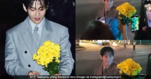 BTS Taehyung gifting flowers to fans Image via Instagram @hairbymujin 47kb BTS V Greets Fans with Flowers After Vogue World: Hollywood 2025 Event