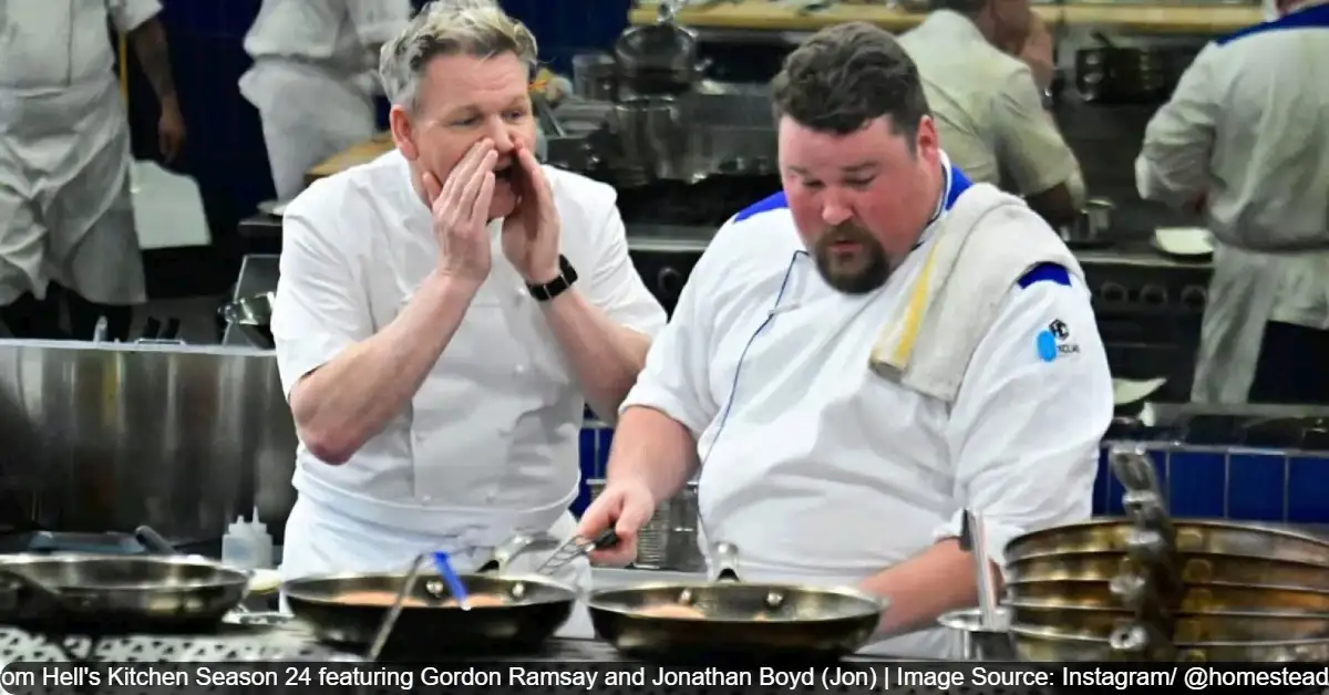 A still from Hell's Kitchen Season 24 featuring Gordon Ramsay and Jonathan Boyd (Jon)