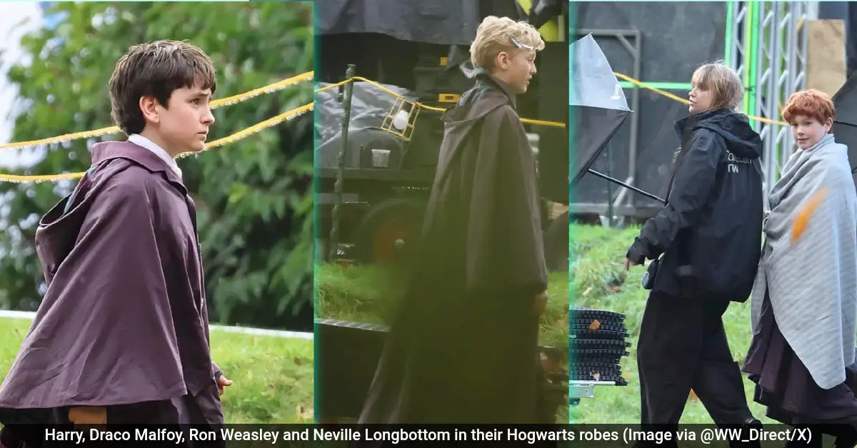 Harry Draco Malfoy Ron Weasley and Neville Longbottom in their Hogwarts robes Image via @WW Direct X 59kb Harry, Draco Malfoy, Ron Weasley and Neville Longbottom in their Hogwarts robes