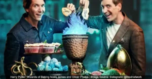Harry Potter Wizards of Baking hosts James and Oliver Phelps Image Source Instagram @foodnetwork Harry Potter: Wizards of Baking Season 2 Takes a Ride with Transport-Themed Challenge
