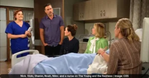 Nick, Vicki, Sharon, Noah, Nikki, and a nurse on The Young and the Restless | Image: CBS