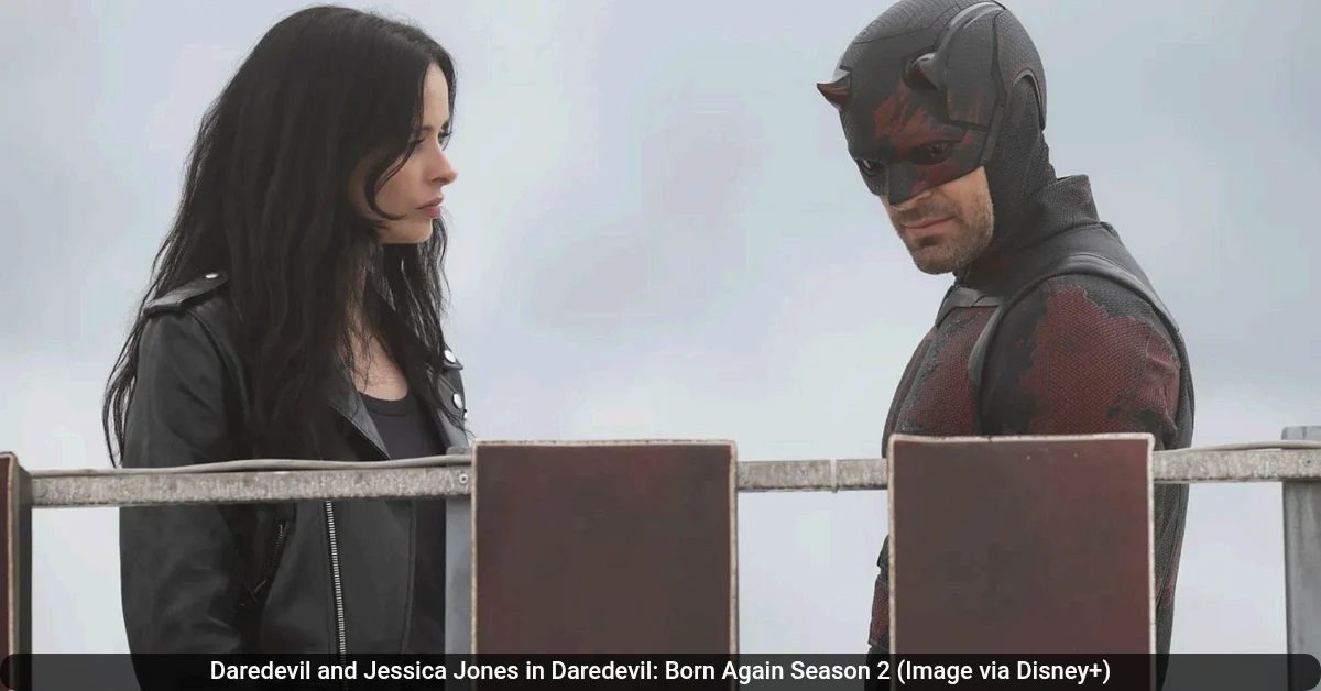 Daredevil and Jessica Jones in Daredevil Born Again Season 2 Image via Disney 60kb Daredevil Born Again Season 2 Release Date, Trailer, and Cast Revealed for Disney+