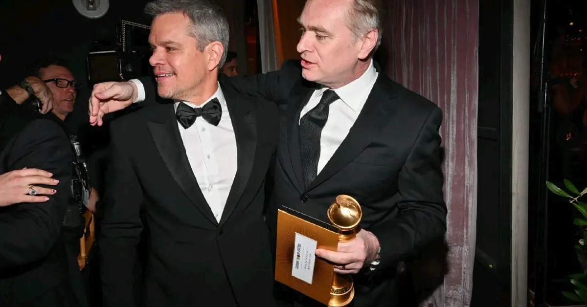 Matt Damon & Christopher Nolan at 81st Golden Globe Awards - Backstage - Source: Getty