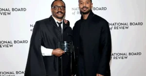 Ryan Coogler and Michael B. Jordan pose with an award at the National Board of Review Annual Awards Gala in New York City on January 13 2026. Image via Getty Jamie McCarthy 64kb Ryan Coogler Celebrates Michael B. Jordan’s First Oscar Nomination for Record-Breaking ‘Sinners’