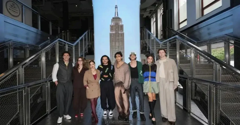 Ella Bright, Belmont Cameli, Stephen Kalyn, Mika Abdalla, Josh Heuston, Antonio Cipriano, Jalen Thomas Brooks and Louisa Levy of Prime Video’s Off Campus Visit the Empire State Building - Source: Getty